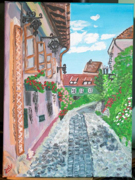 Stradă din Sighişoara ,pictură acrilică ,pânză.