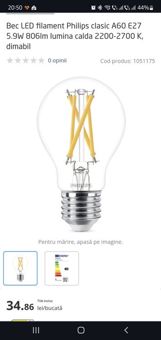 3 x becuri LED Philips cu filament clasic dimabile