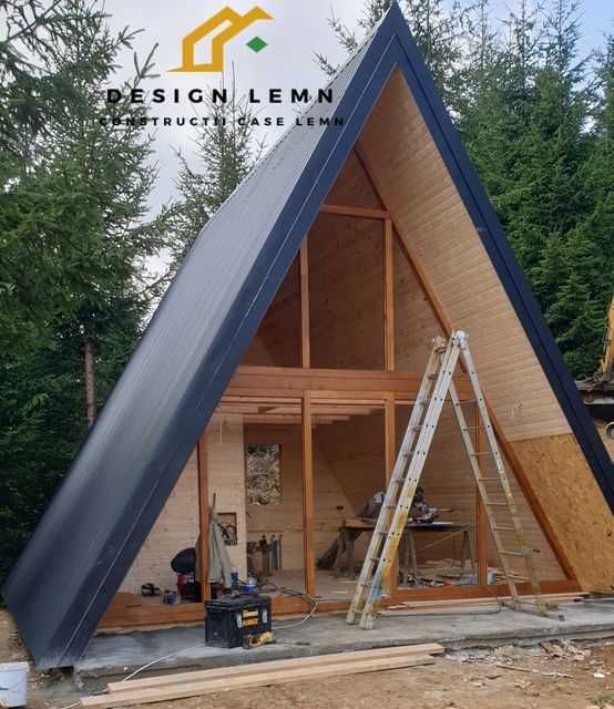 Cabană lemn tip A Frame, Păltiniș, pret producator 42mp + terasa 6,5mp