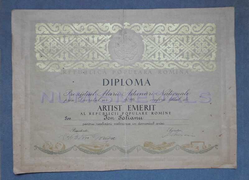 Brevet-Titlu de stat-Diploma-ARTIST EMERIT-RPR-decoratie-Rarisim-UNIC