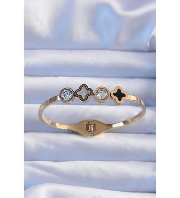 Луксозна гривна с детелини и кристали – медицинска стомана, златна