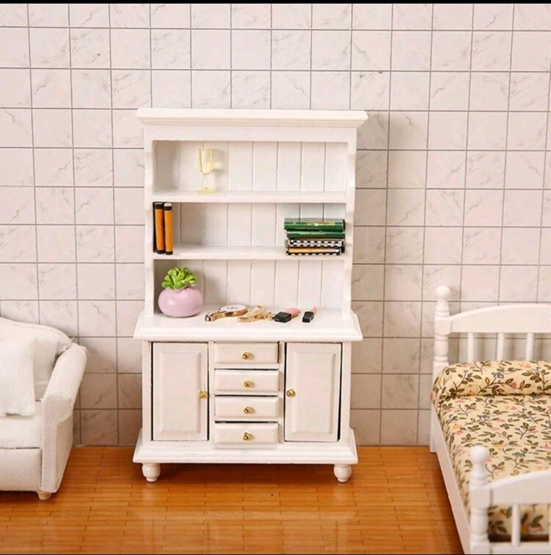 1:12 biblioteca alba de lemn miniatura
