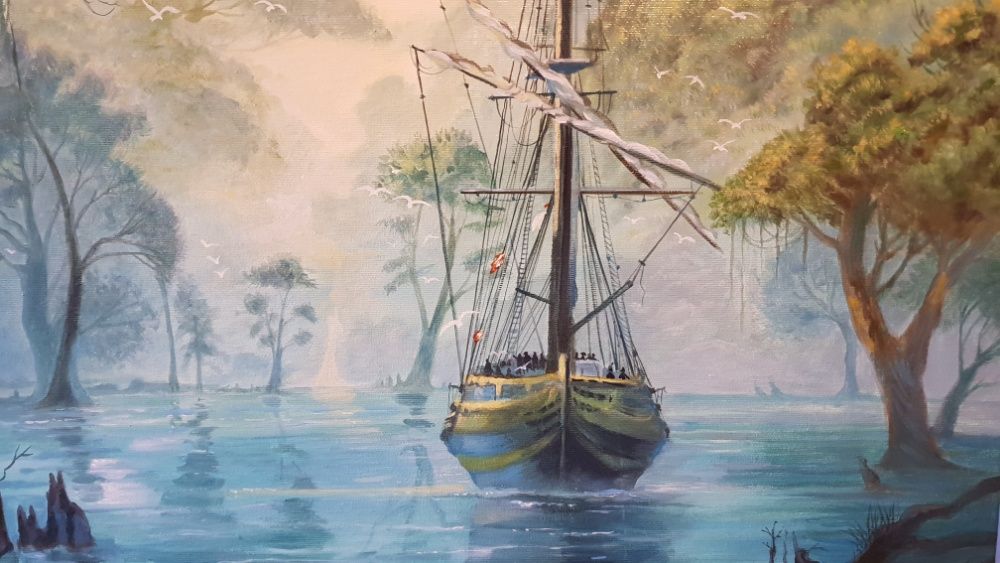 Pictura, Tablou pe panza in ulei, corabie in laguna 50x70