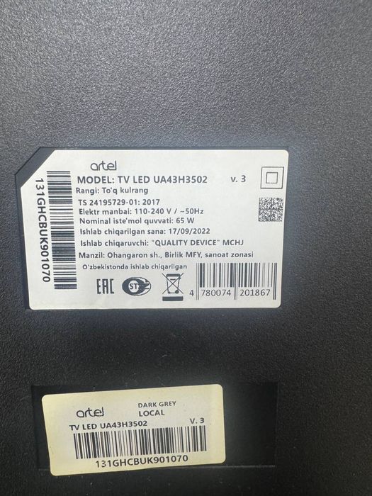 43 talik Artel televizor sotiladi. Ekrani singan boshqa hamma joyi ish