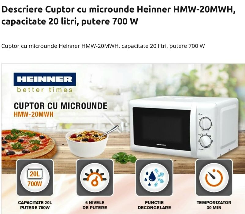 Cuptor cu microunde HEINNER 20 L 700 W NOU - 250 Lei