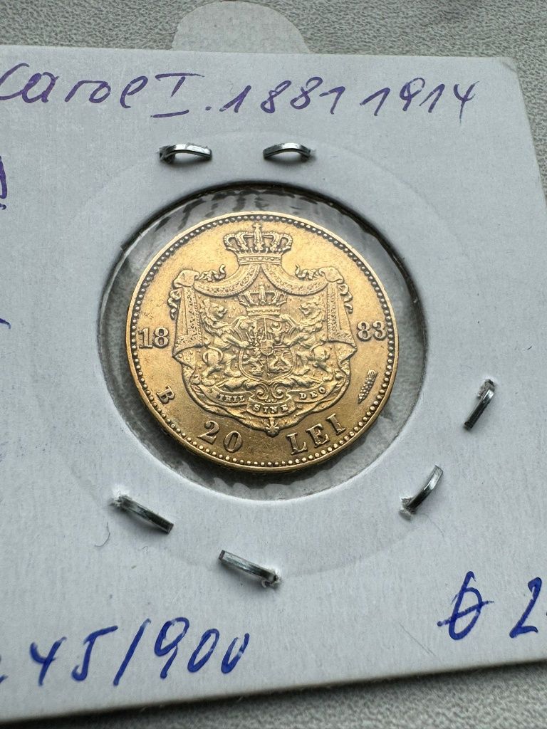 20 lei 1883 Carol I moneda Romania regat aur 6,45
