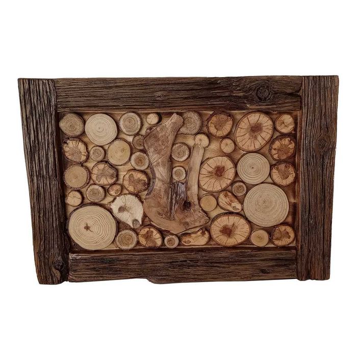 Tablou rustic handmade din rondele de lemn, rama arsa, lacuita