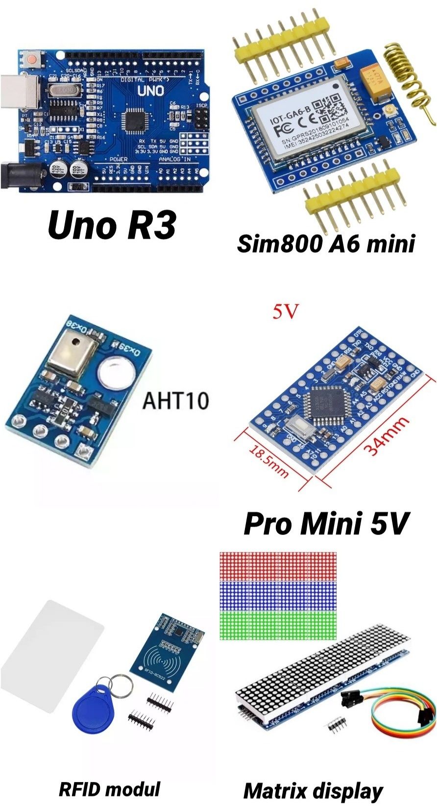 Uno R3, aht 10, Pro mini, rfid modul, max.7219, servo sg90