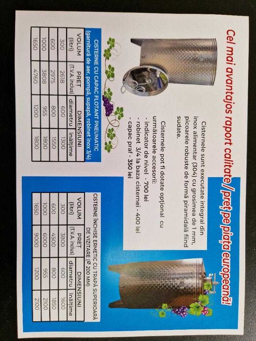 Butoi Inox Alimentar capac flotant pneumatic pentru vin 1.650 l