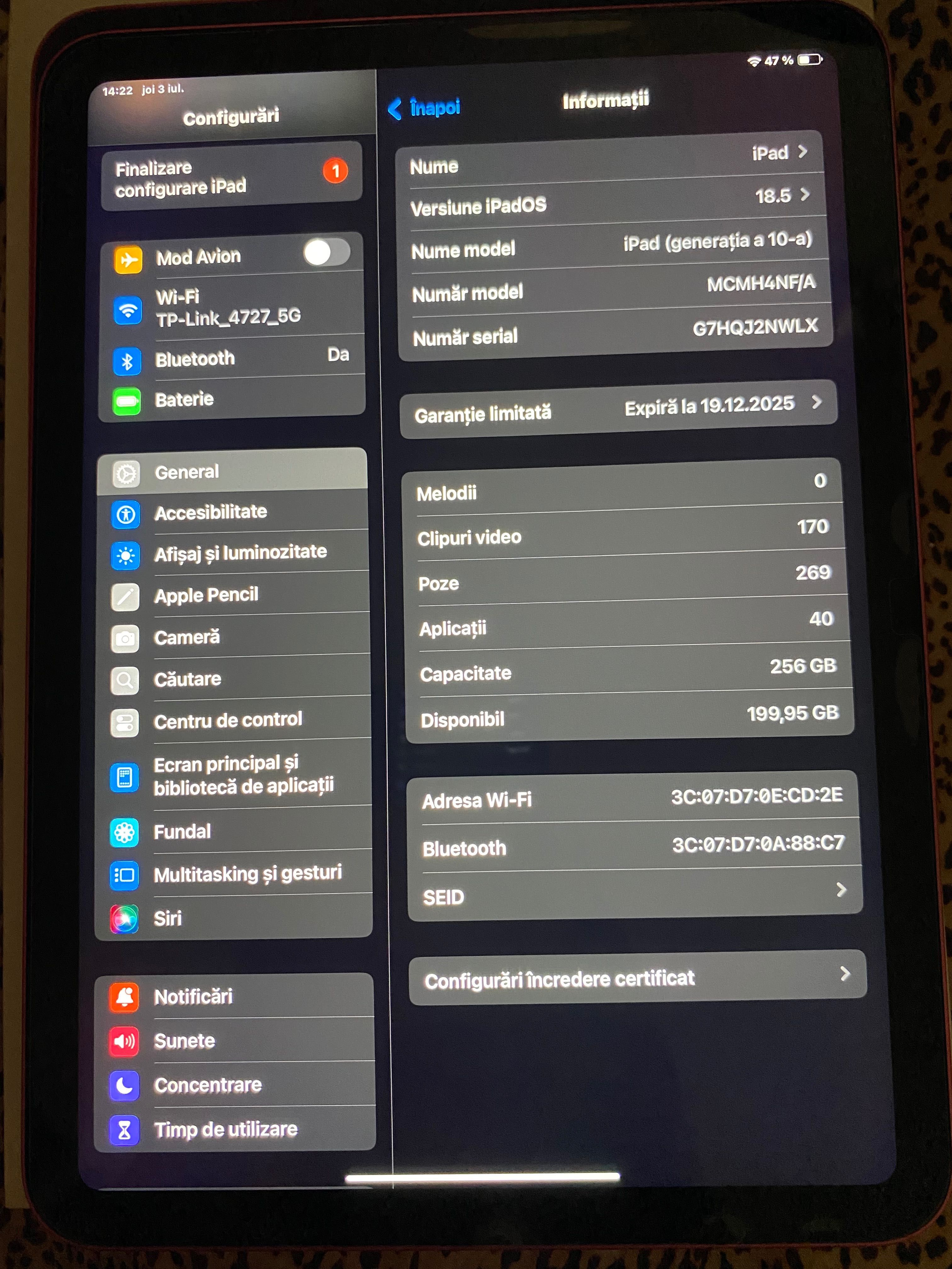 iPad 10 (2022), 256GB, Wi-Fi, Roz – cu husă și cablu original.