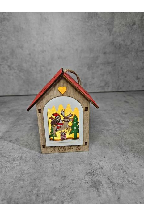 Casuta Decorativa Craciun cu Mos Craciun si Ren, LED, Lemn, 10,5 cm