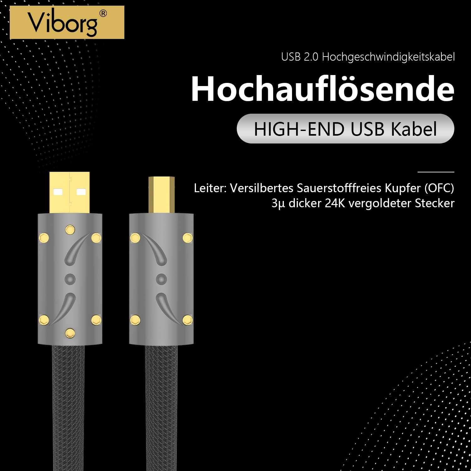 Viborg HiFi USB кабел 0,6 м USB 2.0 тип A до B кабел Посребрен OFC