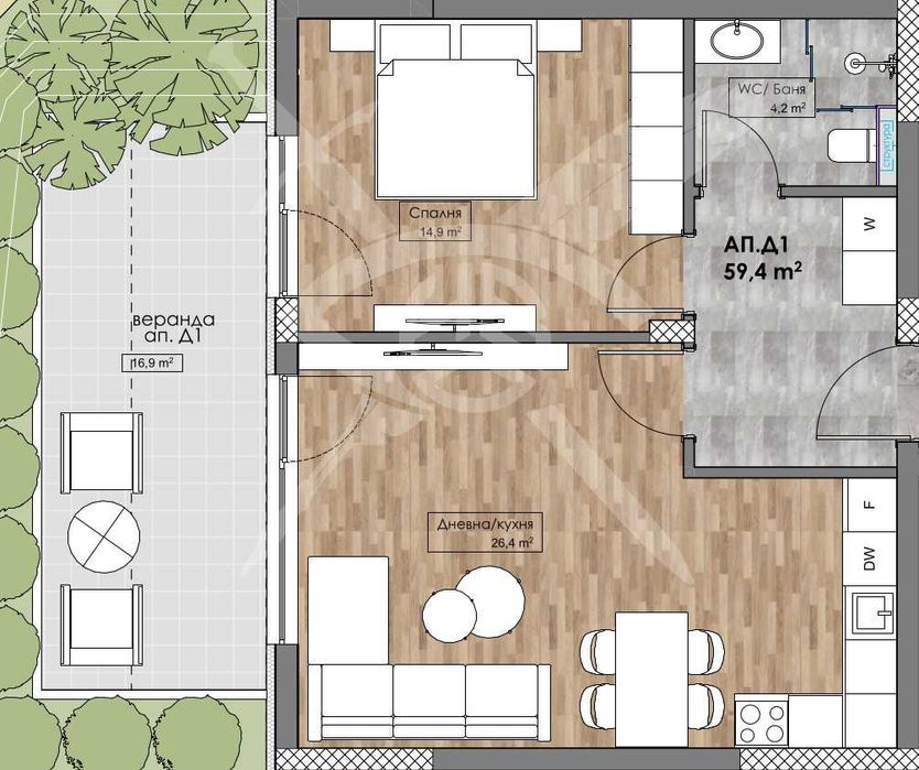 Двустаен апартамент Кършияка 667-23026