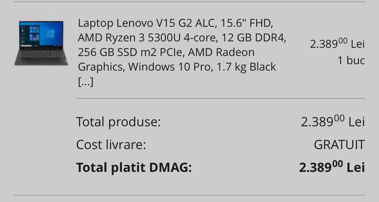 Laptop Lenovo Ryzen 3/ 12Gb RAM / SSD/ Windows /Impecabil