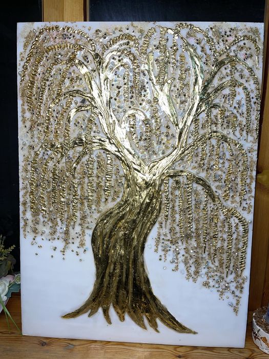 авторская декоративная картина с текстурой и смалой и золотыми камнями