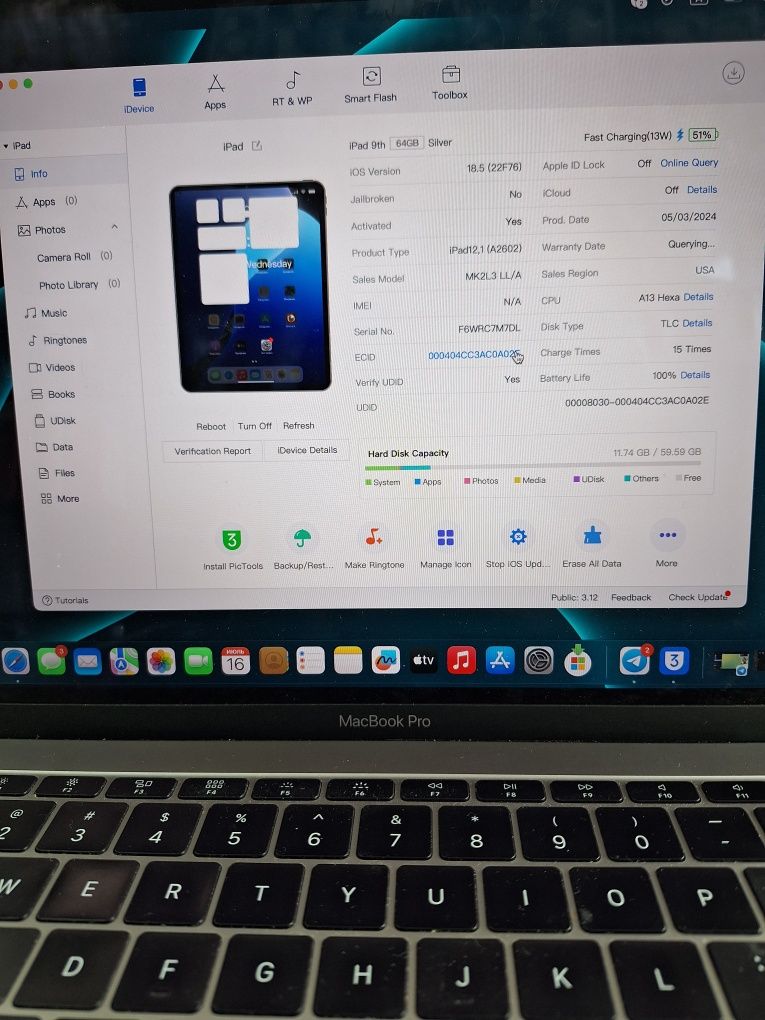 Ipad LL/A  64 wifi 100% ёмкость 15 сikl