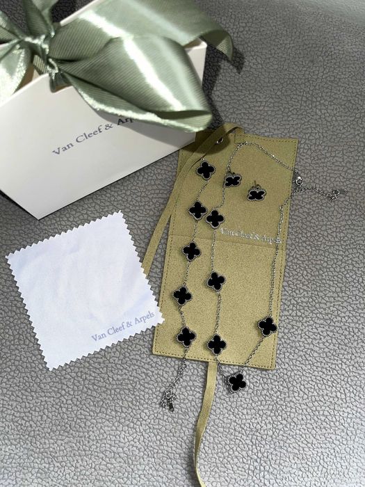 ван клиф сет бижута сребърни с черна детелина комплект van cleef колие