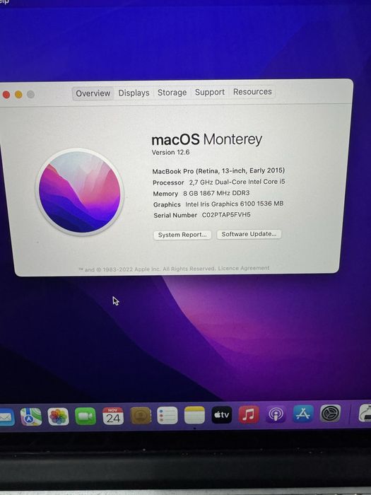 Macbook Pro 13’ A1502 256 gb 8 RAM 2.7Ghz i5