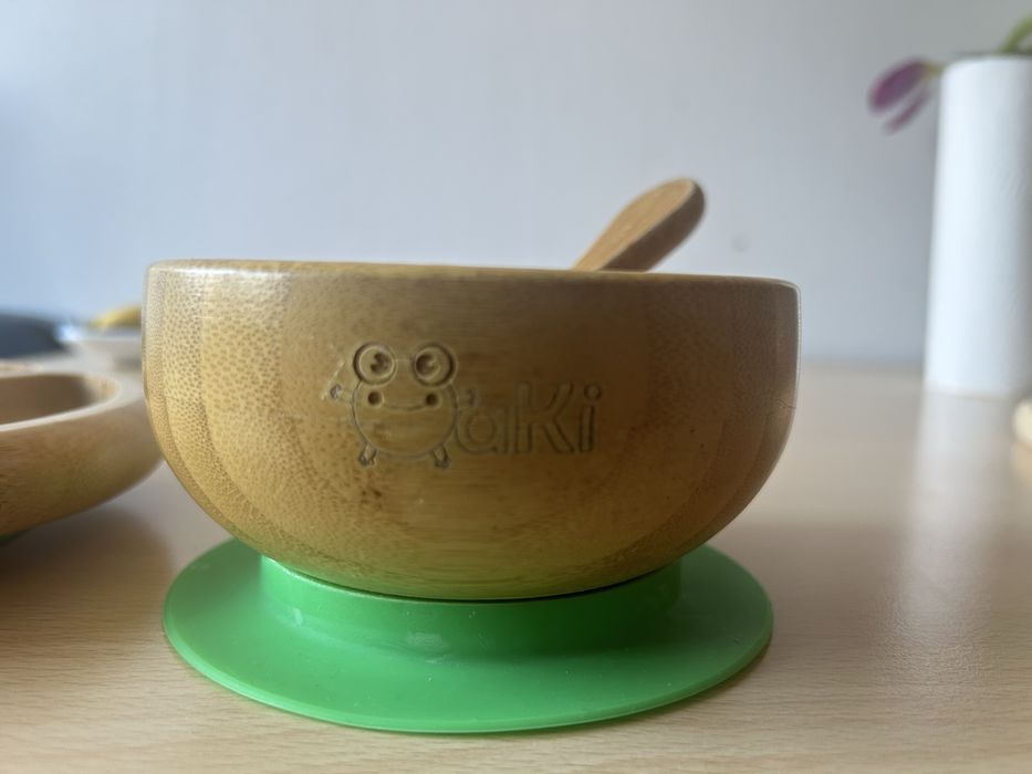 Set farfurie + bol + linguriță pentru bebeluși din bambus