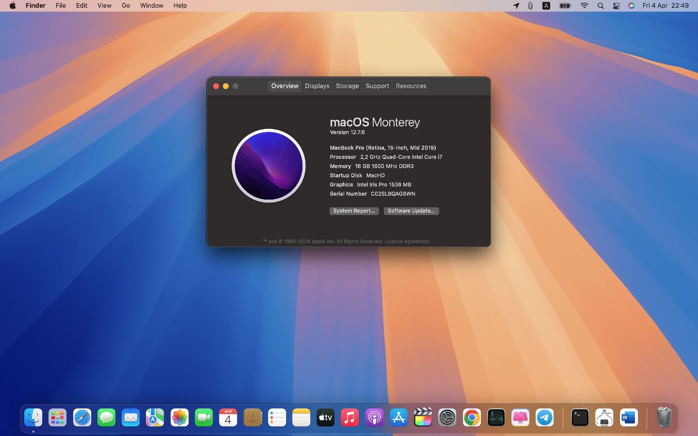 MacBook Pro 15" (mid-2015) — 16GB RAM, 1TB SSD, 2.2 GHz.