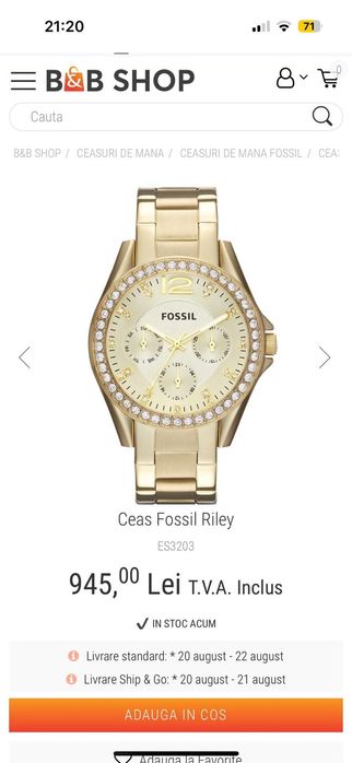Ceas de damă Fossil Riley   auriu, elegant, cu cutie originală