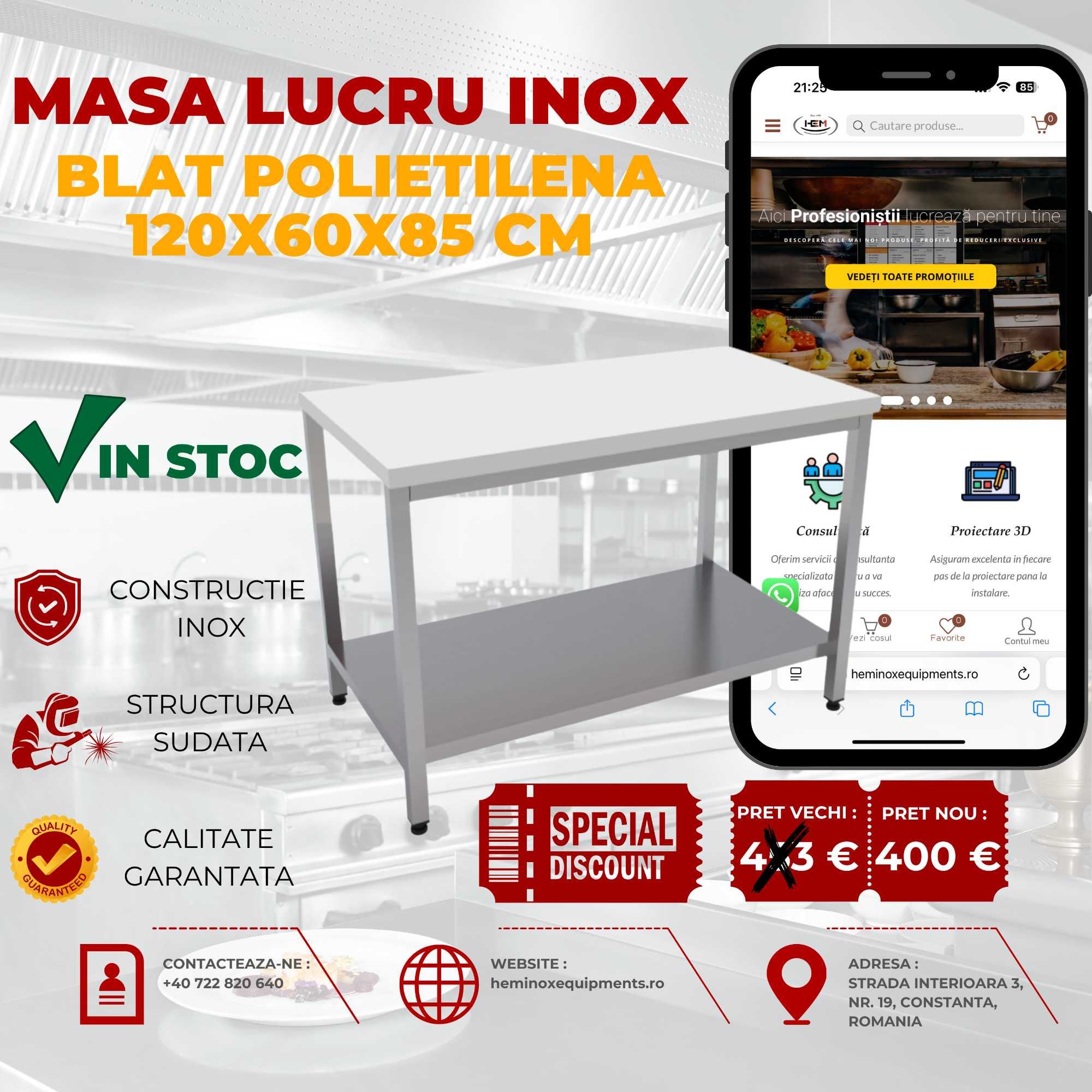 Masa De Lucru Inox Cu O Polita Jos si Blat Polietilena În Stoc