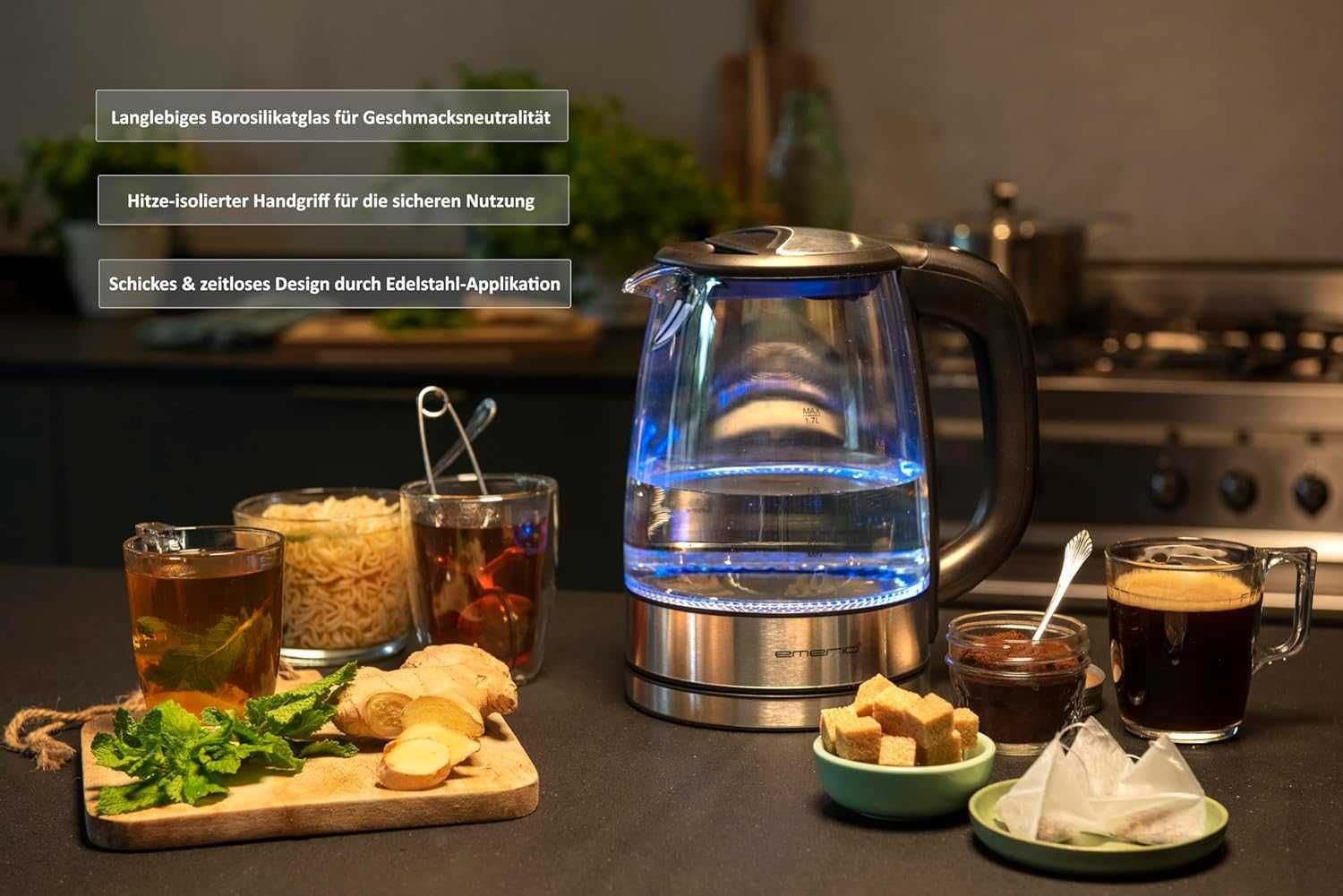 EMERIO Бързоварна кана със стъклен корпус и LED подсветка