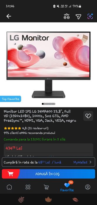 Monitor LG 100hz, IPS, 24 inch diagonala