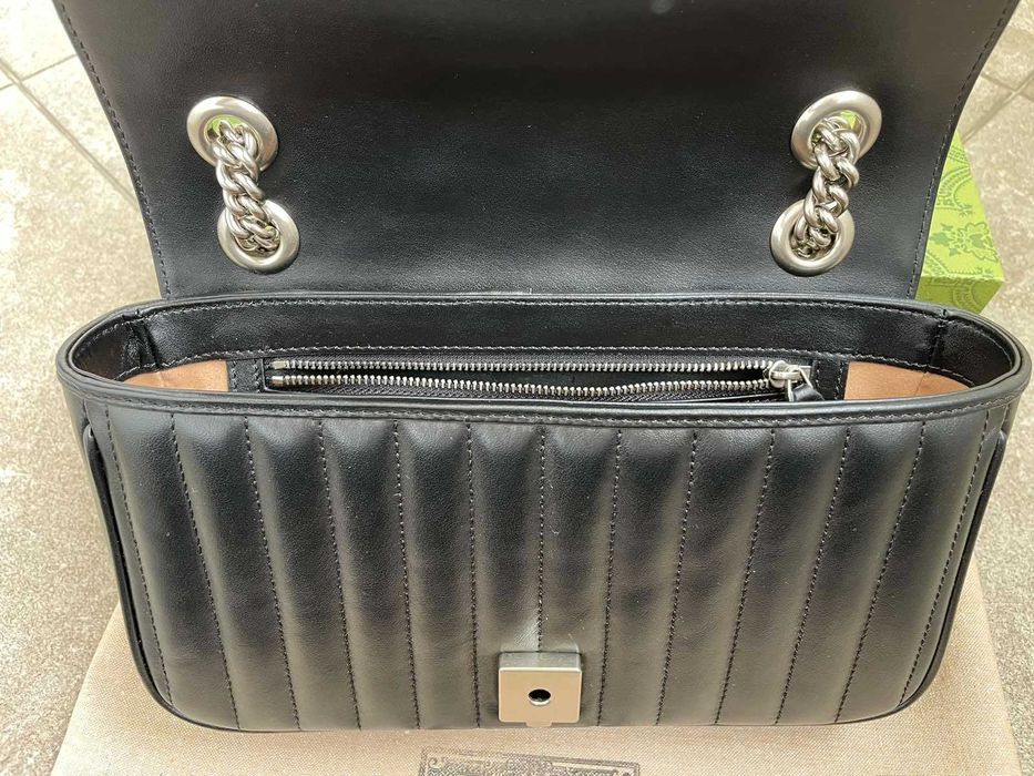 Geantă Gucci din piele neagră originală Gucci Marmont, mâner și lanț