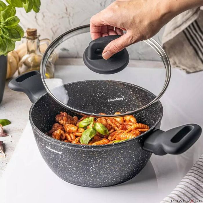 Oala cu capac, aluminiu turnat, marmorata, neagra, 20cm, 2.36l,