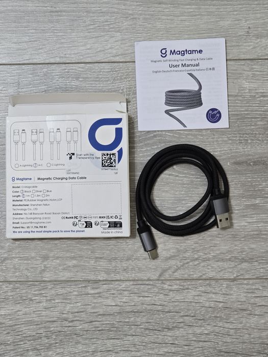 Cablu magnetic Magtame USB-A la USB-C, spirală, încărcare rapidă,negru