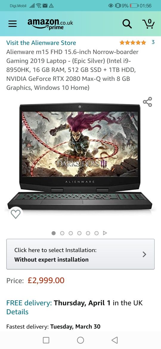 Alienware m15- procesor i9 8950hk, RTX2080, 512GB SSD 1TB HDD + Cadou