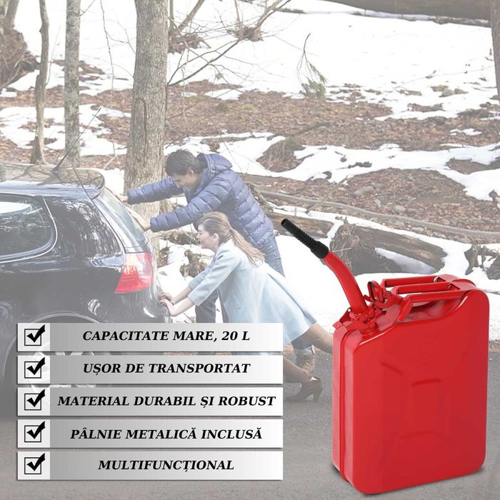 Canistra Metal 20 L pentru Combustibil, cu Palnie Metalica, Rosu