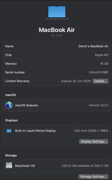Macbook air m2 16/256 16-ram 100% 22 ta sikl 25 soatgacha yetadi quvat