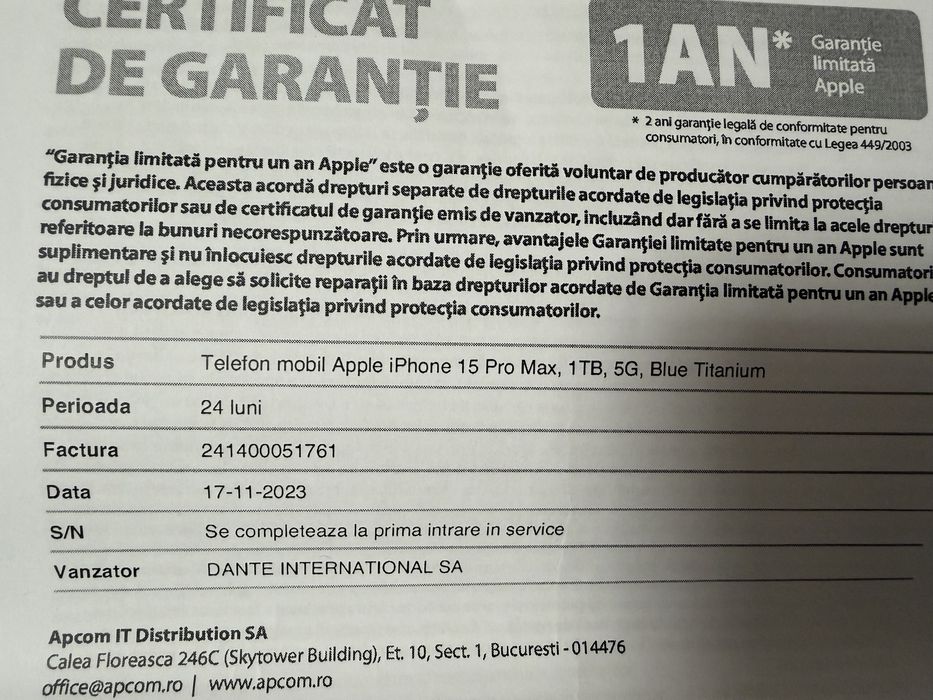 Iphone 15 pro max blue titanium 1 TB factura garantie casco