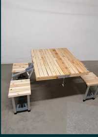 Сгъваема дървена къмпинг маса с две пейки с 4 места