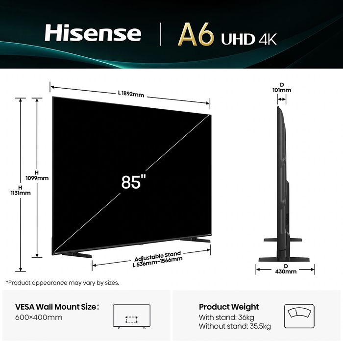 Televizor 85” Led Smart HISENSE 85A6Q 215 cm UHD 4k nou garantie 2ani