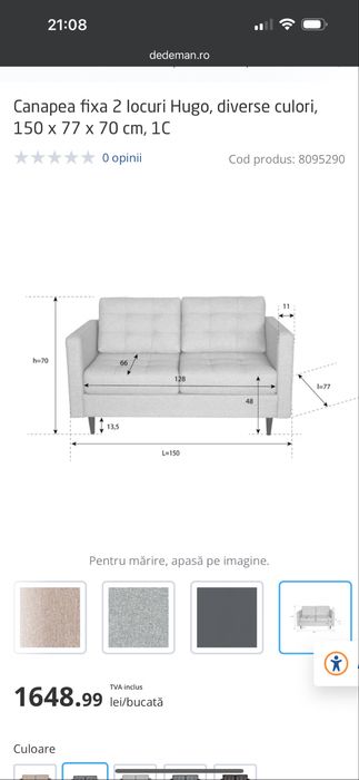 Vand canapea catifea, 2 locuri, fixa