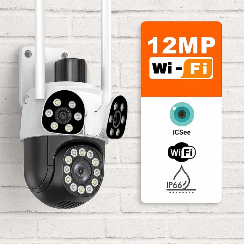 Тройна външна въртяща WiFi AI камера 12MP с три обектива и 10x ZOOM,