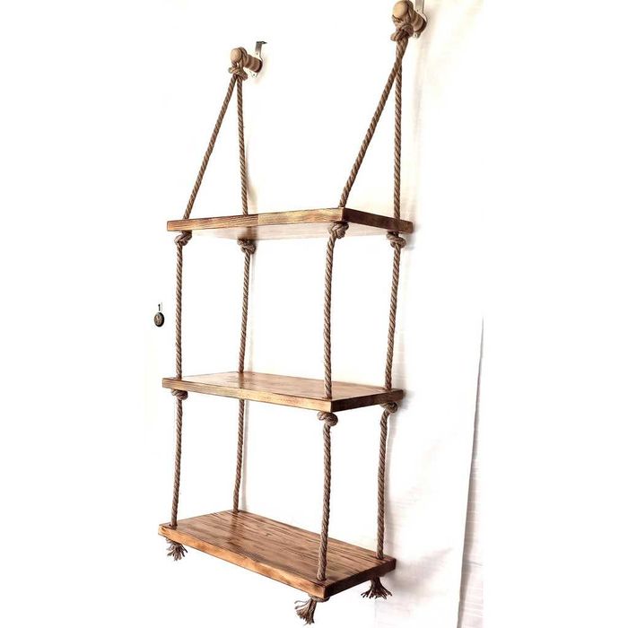 Raft suspendat din lemn ars si sfoara, handmade, rustic