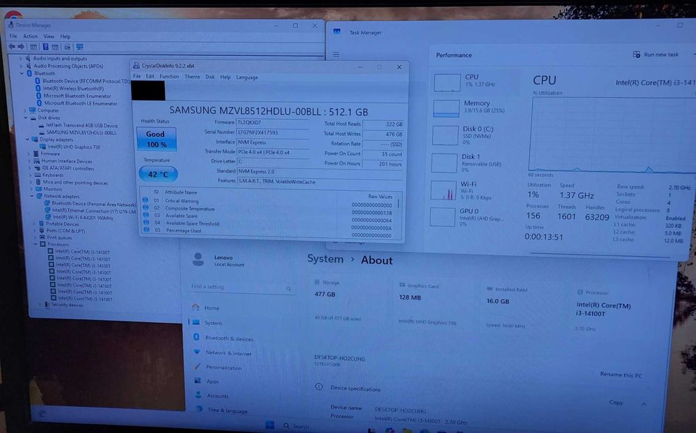 Lenovo ThinkCentre M70Q Tiny Gen.5, i3-14100T, 16GB, 512GB M2
