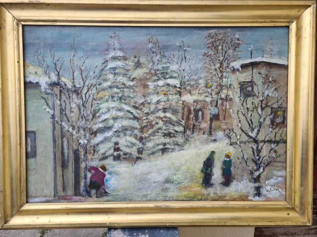 " Iarna pe uliță ", Gheorghe Juster (1902-1968), ulei pe carton, ramă