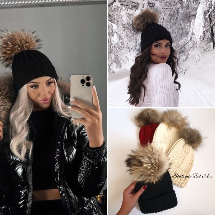 Зимна шапка с помпон от естествен косъм, зимна шапка, естествен пух