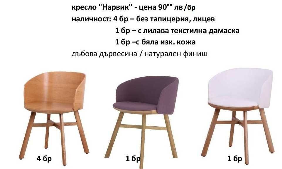 Разпродажба на мостри на дървени столове, барстолове и кресла