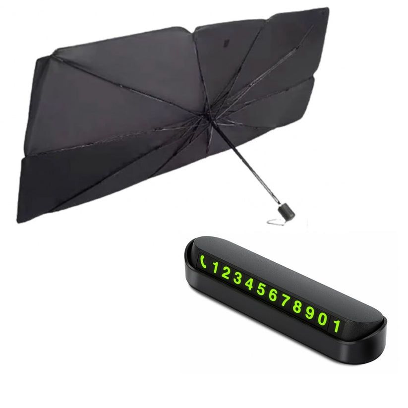 Pachet umbrelă parasolar auto cu suport  nr telefon