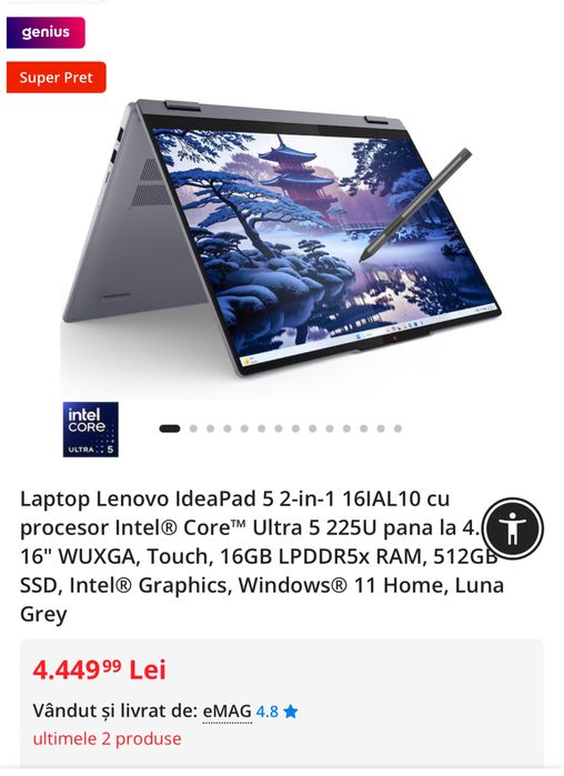 Laptop lenovo ideapad 5 2 in 1 , procesor intel core ultra 5