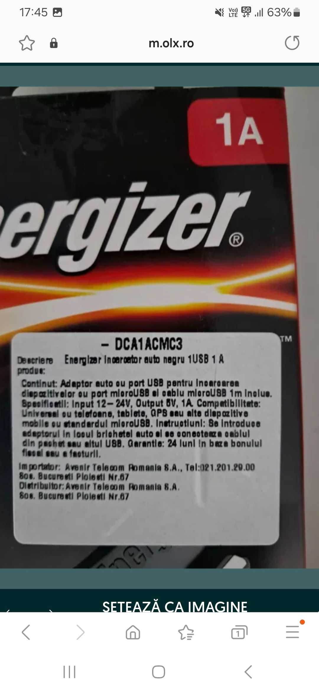 Incarcator auto Nou Energizer