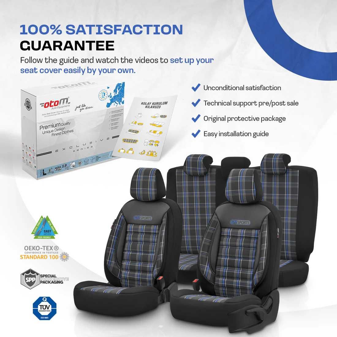 Комплект Тапицерия OTOM-GTI, Черно/Синьо,за Предни и Задни Седалки