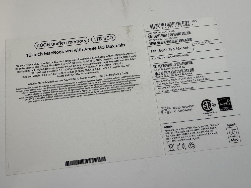 MacBook Pro 16.2/M3 Max/16C CPU/40C GPU/48GB/1TB