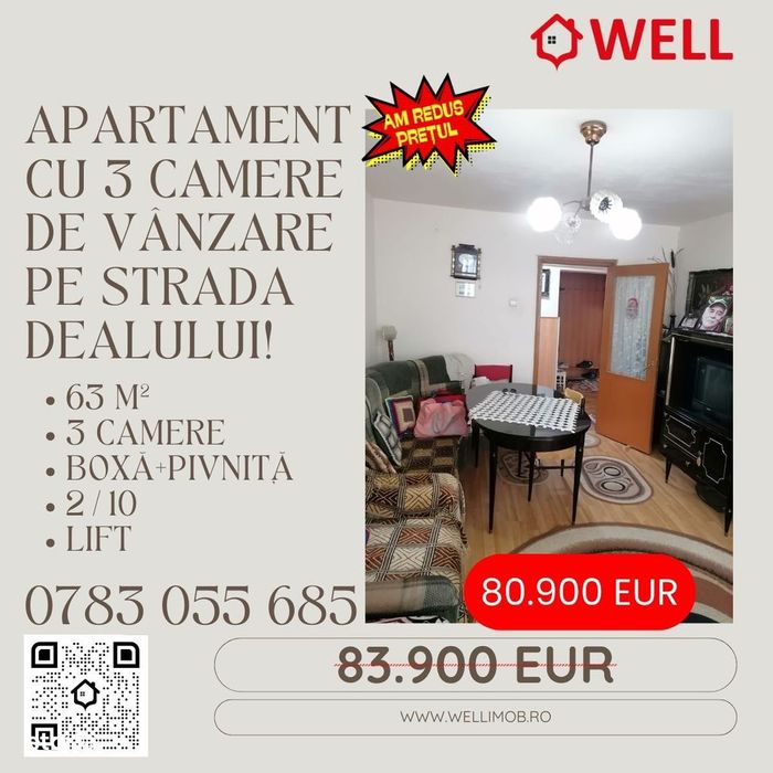 Apartament cu 3 camere de vânzare pe strada Dealului!